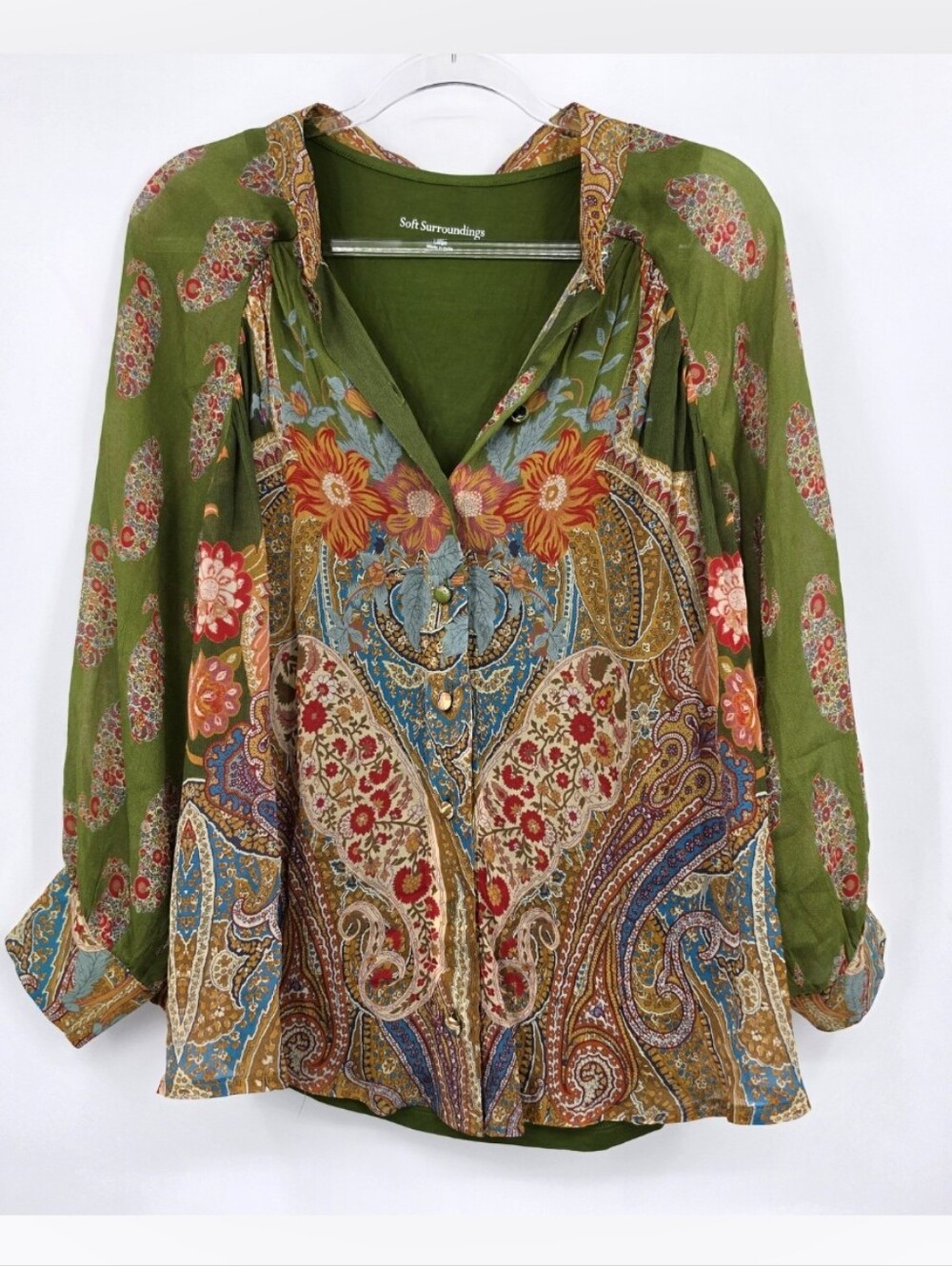Soft Surroundings Desert Flower Tunic Blouse Printed Green Large Built In Tank